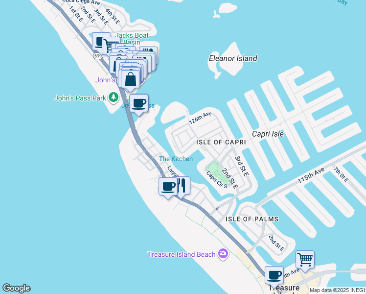 map of restaurants, bars, coffee shops, grocery stores, and more near 12356 Capri Circle North in Treasure Island