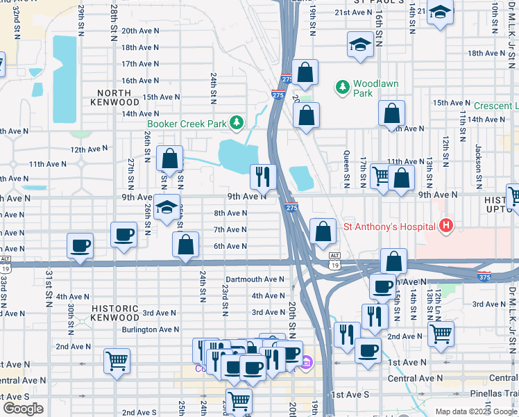 map of restaurants, bars, coffee shops, grocery stores, and more near 2142 8th Avenue North in St. Petersburg