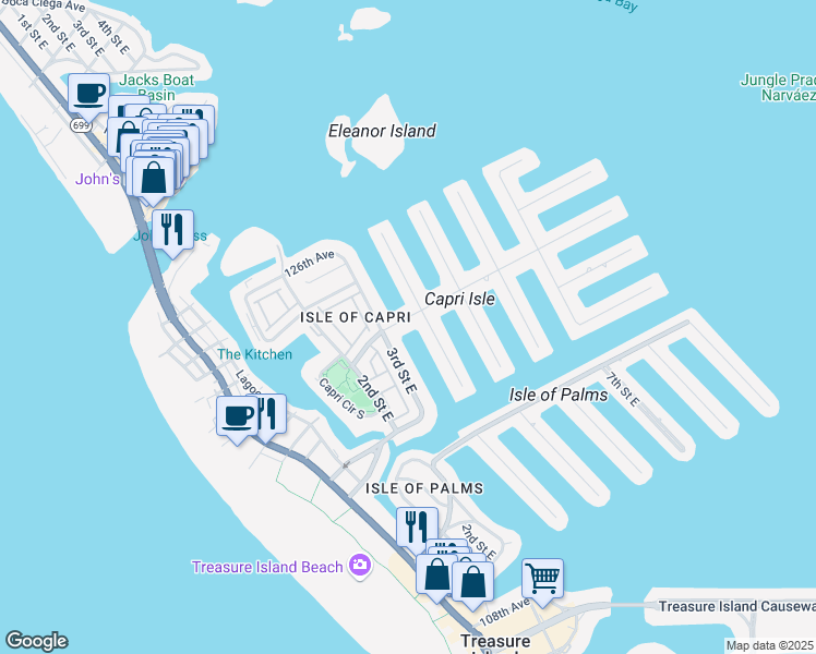 map of restaurants, bars, coffee shops, grocery stores, and more near 345 Capri Boulevard in Treasure Island