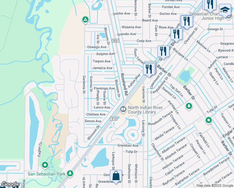 map of restaurants, bars, coffee shops, grocery stores, and more near 1065 Cole Terrace in Sebastian