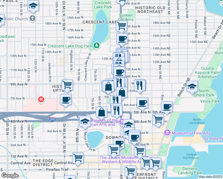 map of restaurants, bars, coffee shops, grocery stores, and more near 727 Dartmoor Street North in St. Petersburg