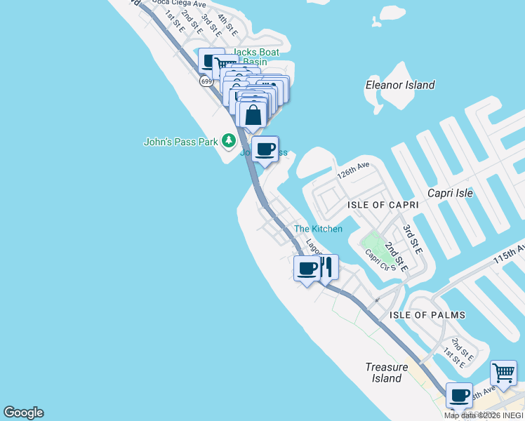 map of restaurants, bars, coffee shops, grocery stores, and more near 12617 Sunshine Lane in Treasure Island