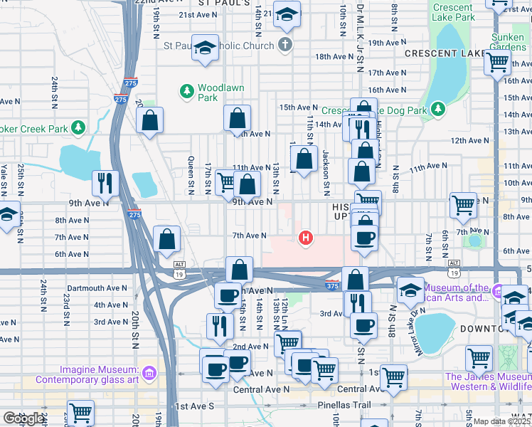 map of restaurants, bars, coffee shops, grocery stores, and more near 732 14th Street North in St. Petersburg