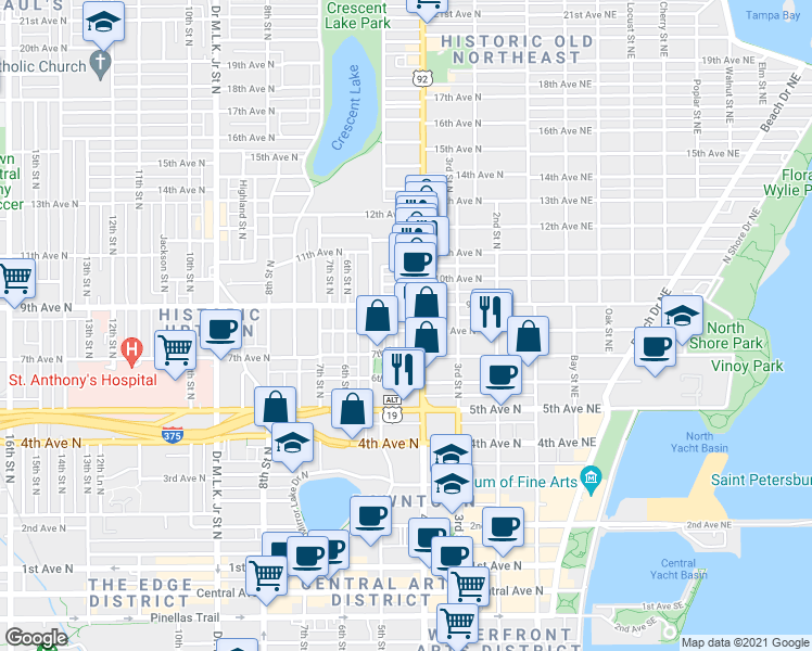map of restaurants, bars, coffee shops, grocery stores, and more near 727 Dartmoor Street North in St. Petersburg