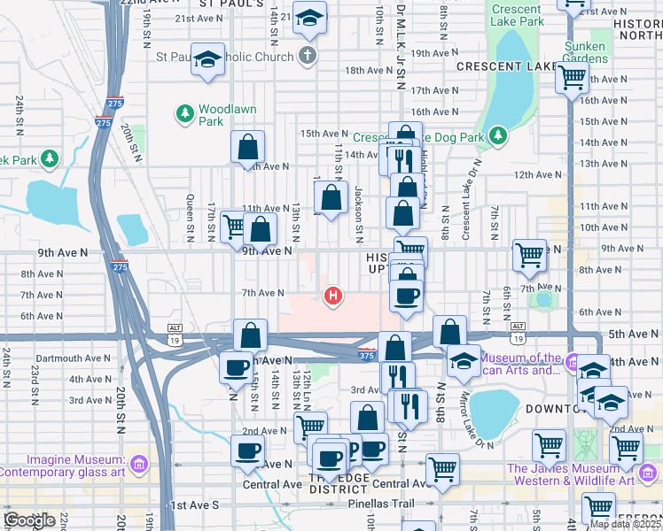 map of restaurants, bars, coffee shops, grocery stores, and more near 800 11th Street North in St. Petersburg