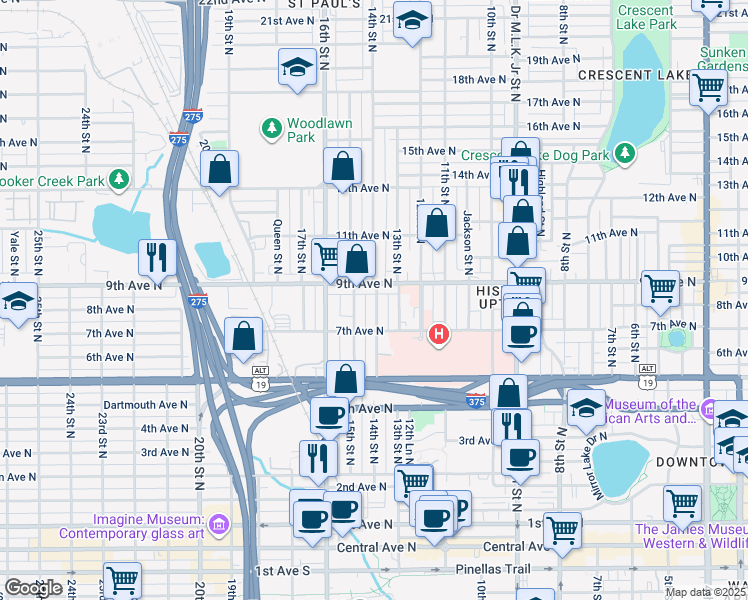 map of restaurants, bars, coffee shops, grocery stores, and more near 732 14th Street North in St. Petersburg