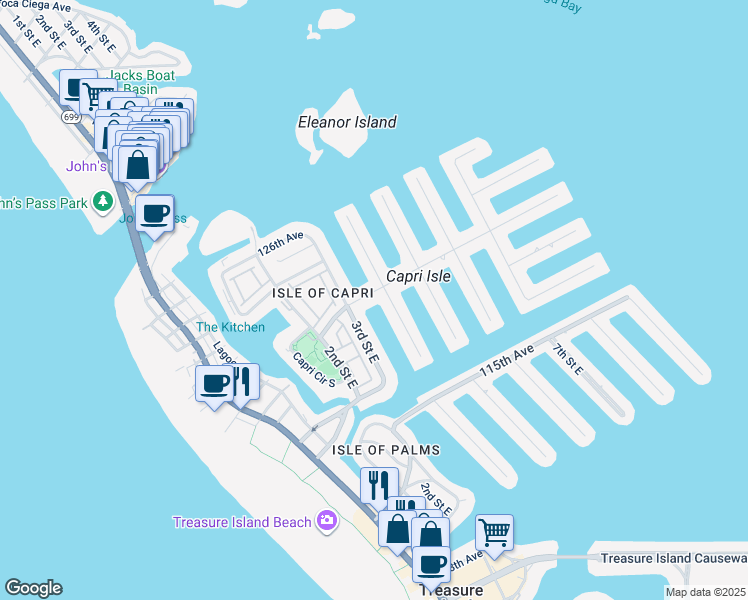 map of restaurants, bars, coffee shops, grocery stores, and more near 12051 3rd Street East in Treasure Island