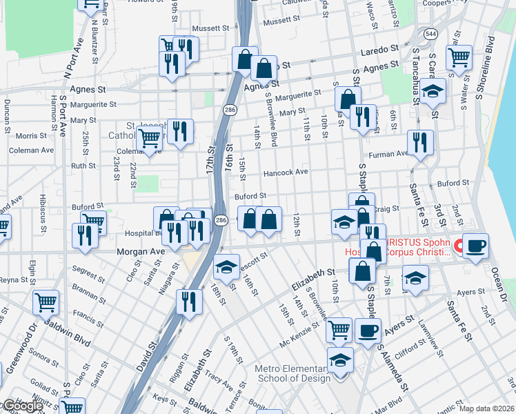 map of restaurants, bars, coffee shops, grocery stores, and more near 1702 Craig Street in Corpus Christi