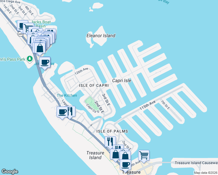map of restaurants, bars, coffee shops, grocery stores, and more near 12051 3rd Street East in Treasure Island