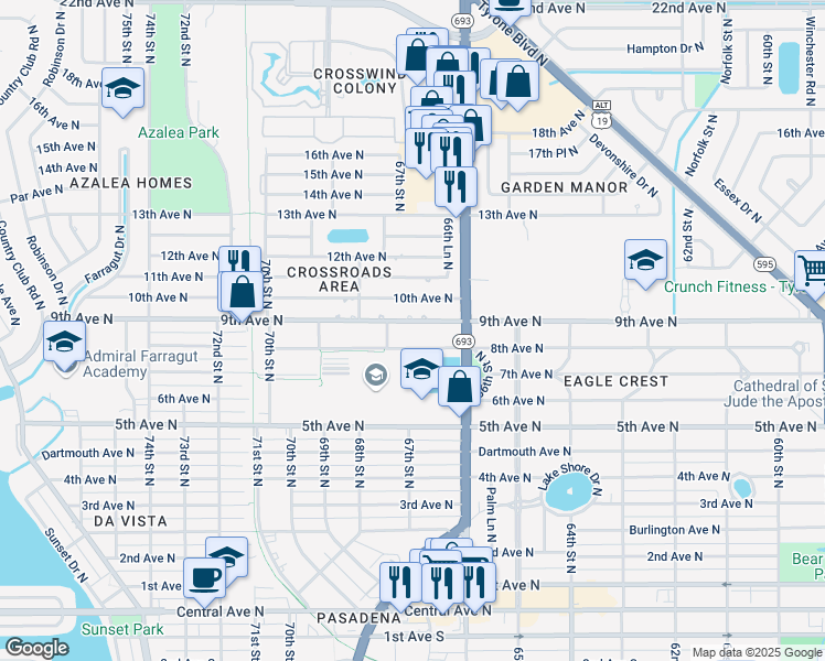 map of restaurants, bars, coffee shops, grocery stores, and more near 6685 8th Avenue North in St. Petersburg