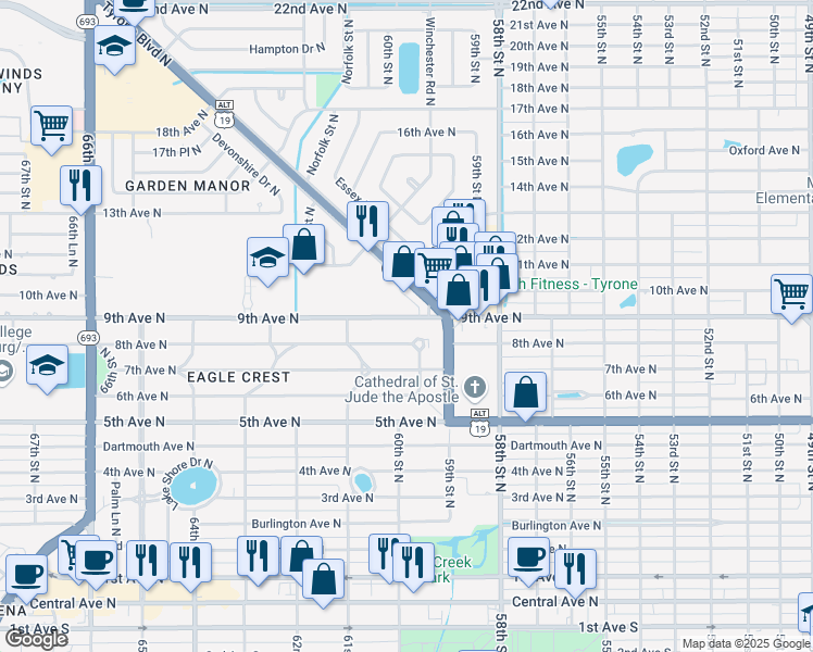 map of restaurants, bars, coffee shops, grocery stores, and more near 6012 9th Avenue North in Saint Petersburg