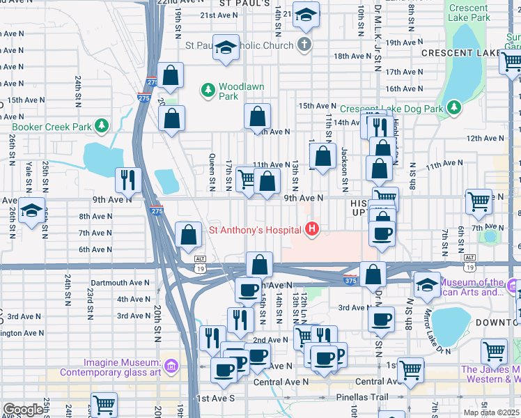 map of restaurants, bars, coffee shops, grocery stores, and more near 709 16th Street North in St. Petersburg