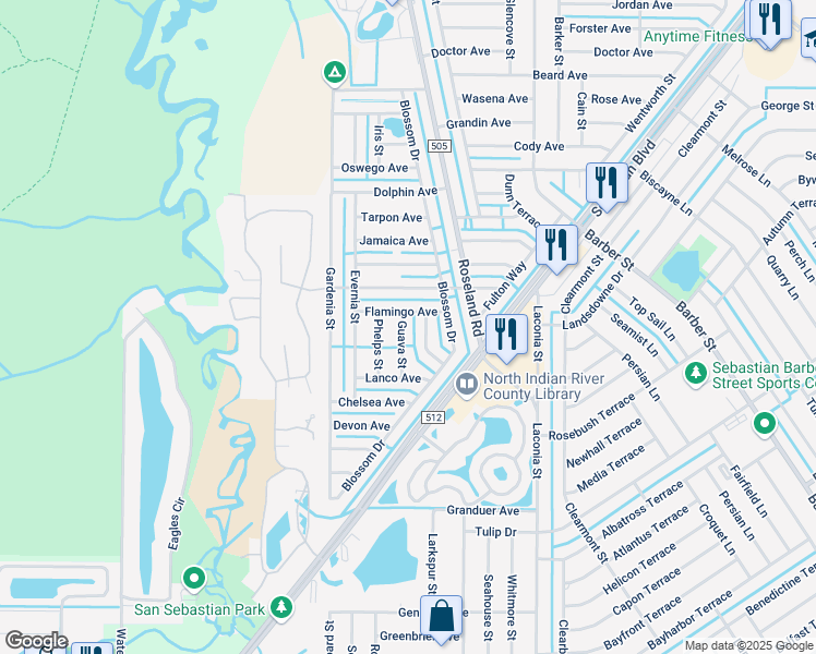 map of restaurants, bars, coffee shops, grocery stores, and more near 1049 Phelps Street in Sebastian