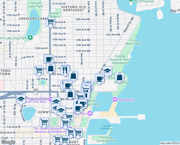 map of restaurants, bars, coffee shops, grocery stores, and more near 216 8th Avenue North in St. Petersburg