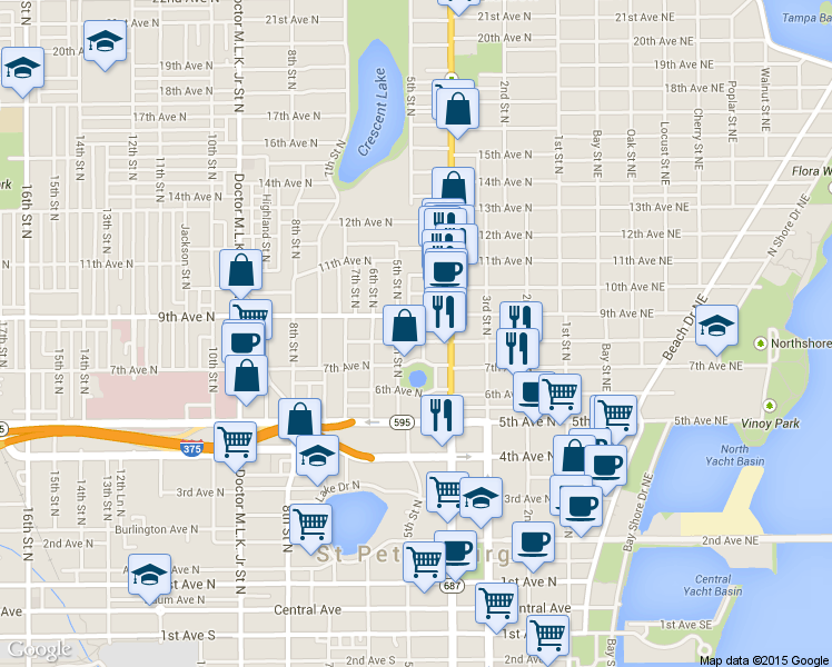 map of restaurants, bars, coffee shops, grocery stores, and more near 727 Dartmoor Street North in St. Petersburg