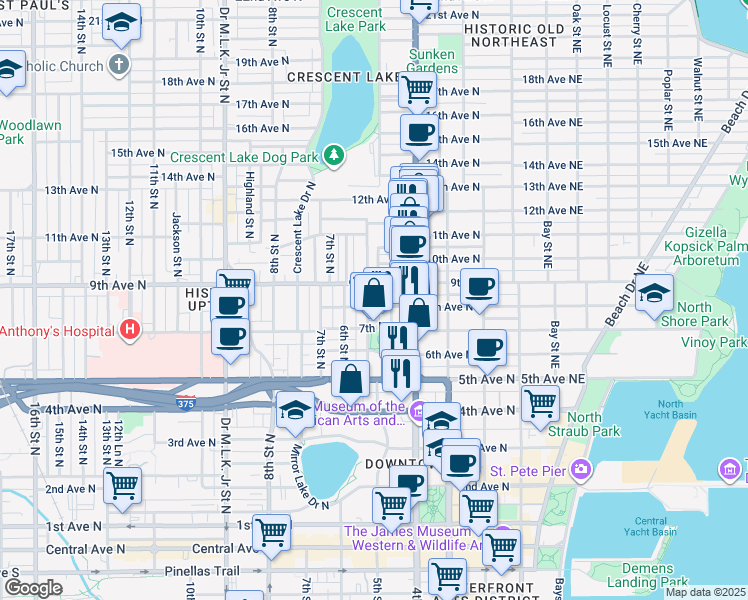 map of restaurants, bars, coffee shops, grocery stores, and more near 718 5th Street North in St. Petersburg