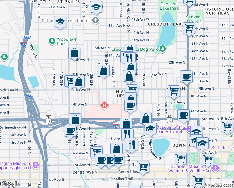 map of restaurants, bars, coffee shops, grocery stores, and more near 725 Jackson Street North in St. Petersburg