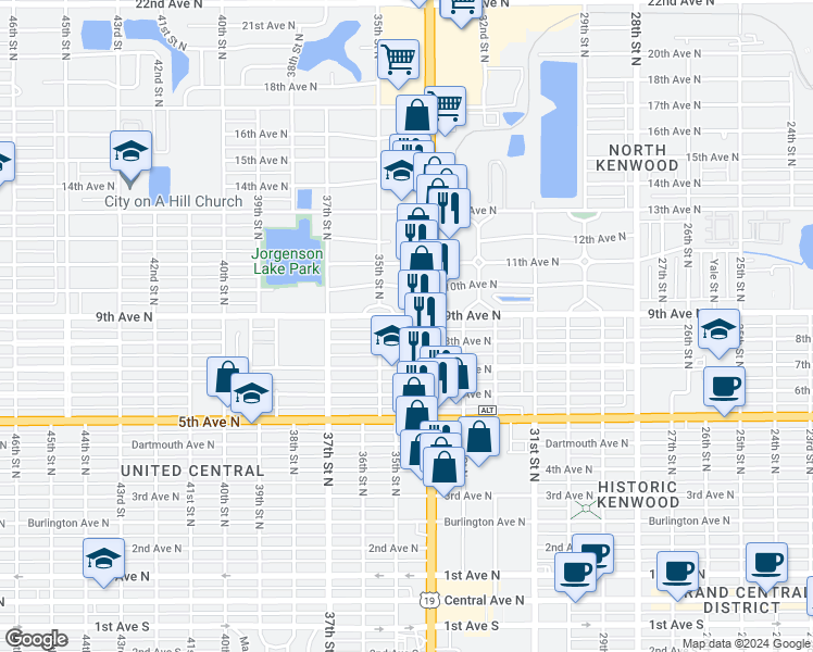 map of restaurants, bars, coffee shops, grocery stores, and more near 800 34th Street North in St. Petersburg