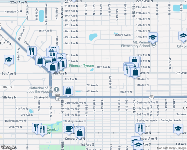 map of restaurants, bars, coffee shops, grocery stores, and more near 5401 8th Avenue North in St. Petersburg