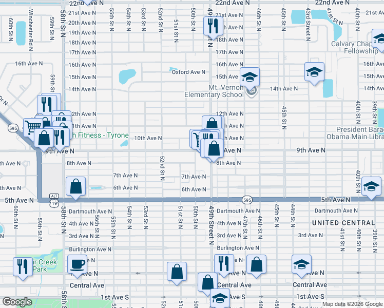 map of restaurants, bars, coffee shops, grocery stores, and more near 5000 9th Avenue North in St. Petersburg