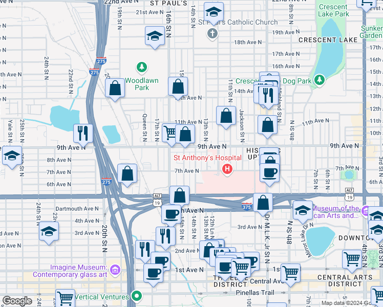 map of restaurants, bars, coffee shops, grocery stores, and more near 830 14th Street North in Saint Petersburg