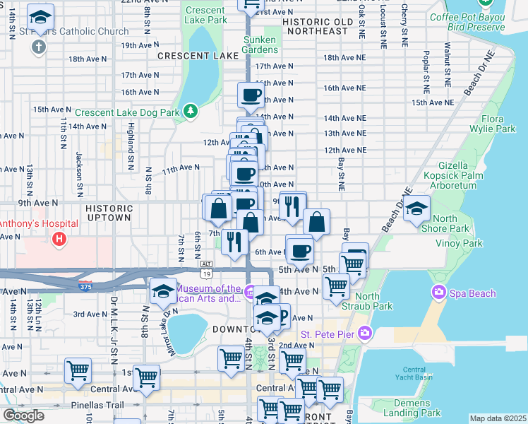 map of restaurants, bars, coffee shops, grocery stores, and more near 319 8th Avenue North in Saint Petersburg