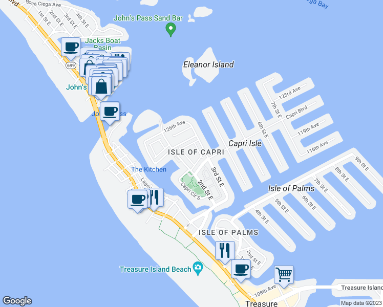map of restaurants, bars, coffee shops, grocery stores, and more near 227 Sun Vista Court South in Treasure Island