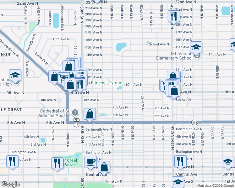 map of restaurants, bars, coffee shops, grocery stores, and more near 5401 8th Avenue North in St. Petersburg
