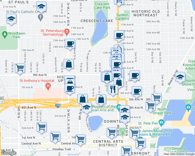 map of restaurants, bars, coffee shops, grocery stores, and more near 731 7th Street North in St. Petersburg