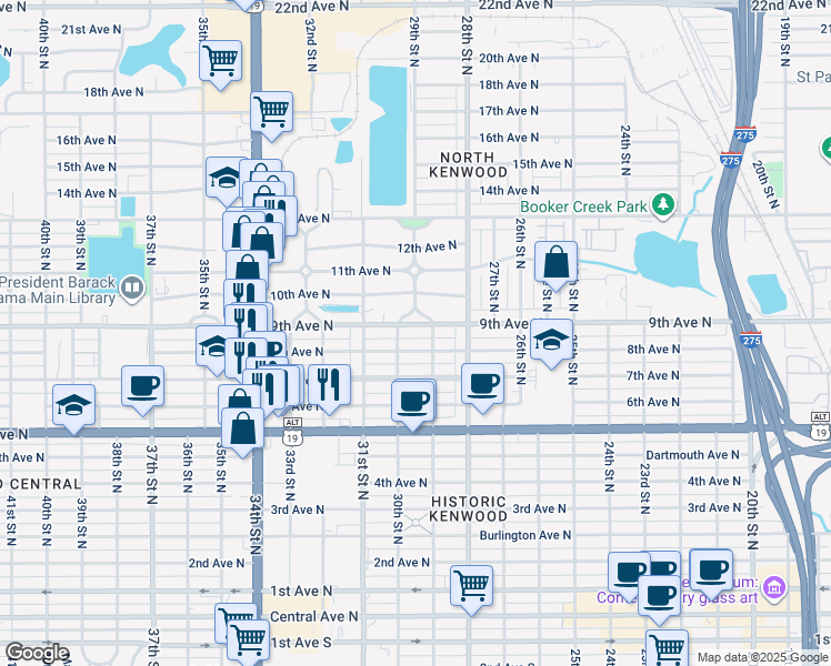 map of restaurants, bars, coffee shops, grocery stores, and more near 3002 8th Avenue North in St. Petersburg