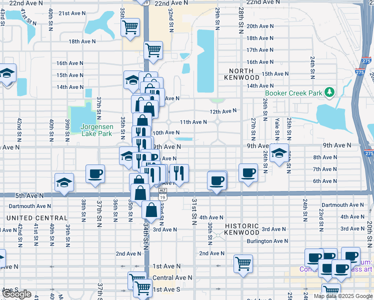 map of restaurants, bars, coffee shops, grocery stores, and more near 736 31st Street North in St. Petersburg