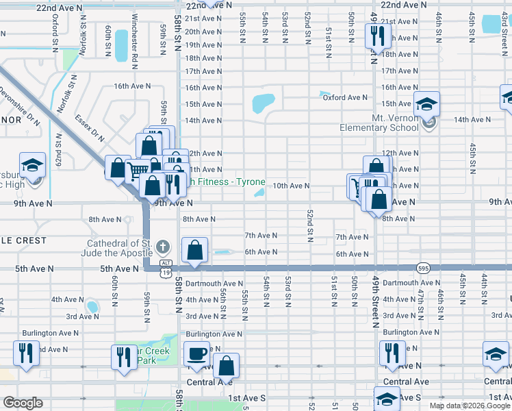 map of restaurants, bars, coffee shops, grocery stores, and more near 5401 8th Avenue North in St. Petersburg