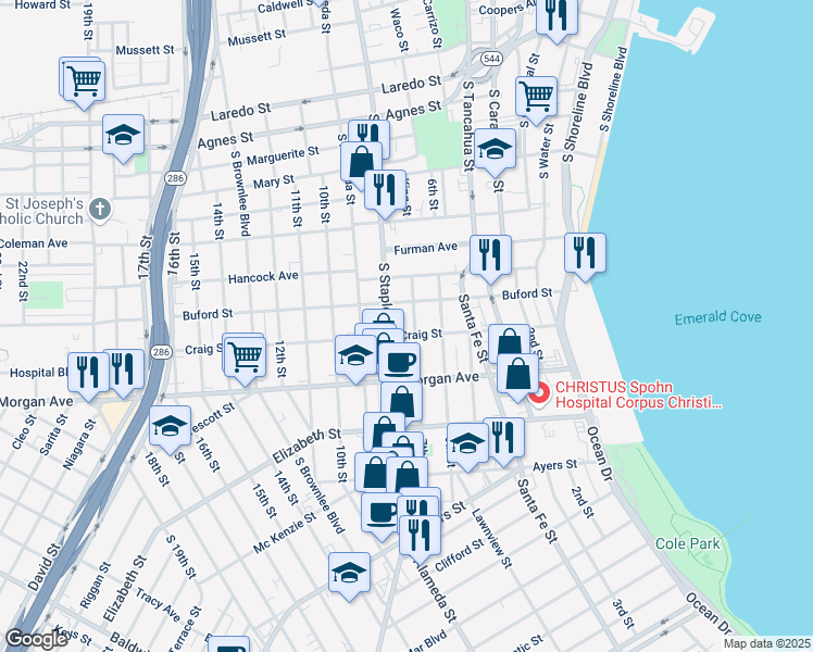 map of restaurants, bars, coffee shops, grocery stores, and more near 1203 7th Street in Corpus Christi