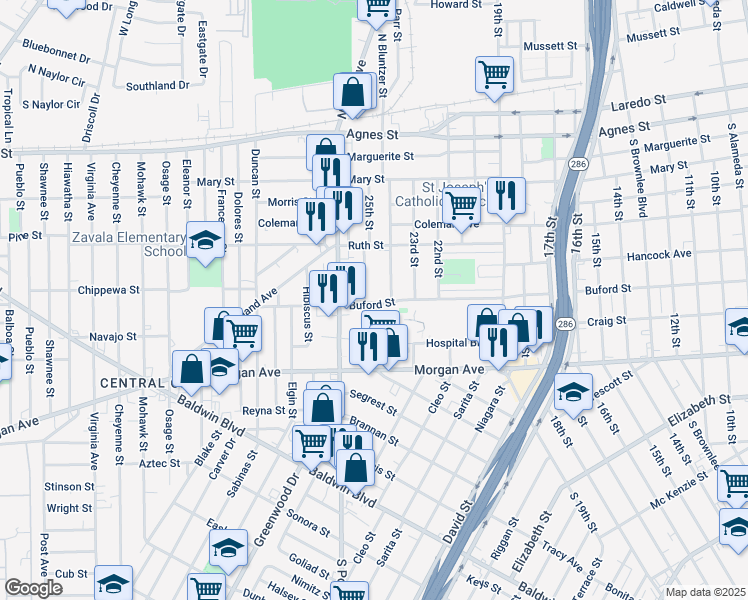 map of restaurants, bars, coffee shops, grocery stores, and more near 1114 25th Street in Corpus Christi