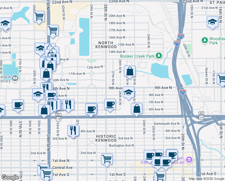map of restaurants, bars, coffee shops, grocery stores, and more near 725 28th Street North in St. Petersburg