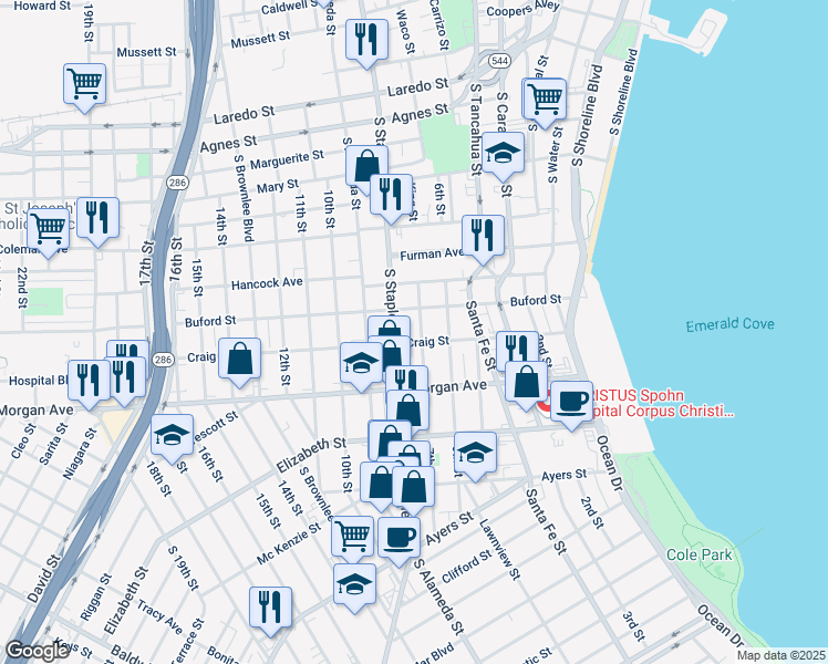 map of restaurants, bars, coffee shops, grocery stores, and more near 1203 7th Street in Corpus Christi