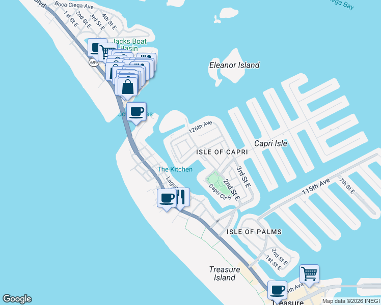 map of restaurants, bars, coffee shops, grocery stores, and more near 12356 Capri Circle North in Treasure Island