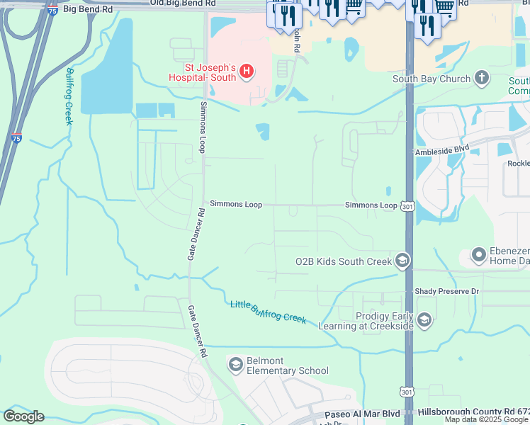 map of restaurants, bars, coffee shops, grocery stores, and more near 6702 Simmons Loop in Riverview