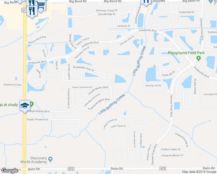 map of restaurants, bars, coffee shops, grocery stores, and more near 11118 Purple Martin Boulevard in Riverview