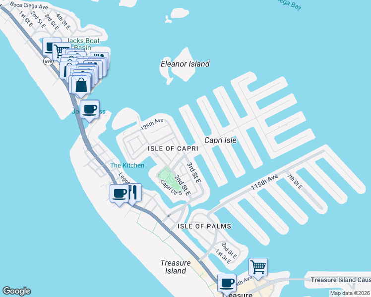 map of restaurants, bars, coffee shops, grocery stores, and more near 12170 4th Street East in Treasure Island