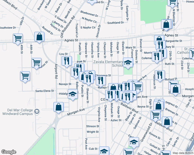 map of restaurants, bars, coffee shops, grocery stores, and more near 333 Virginia Avenue in Corpus Christi