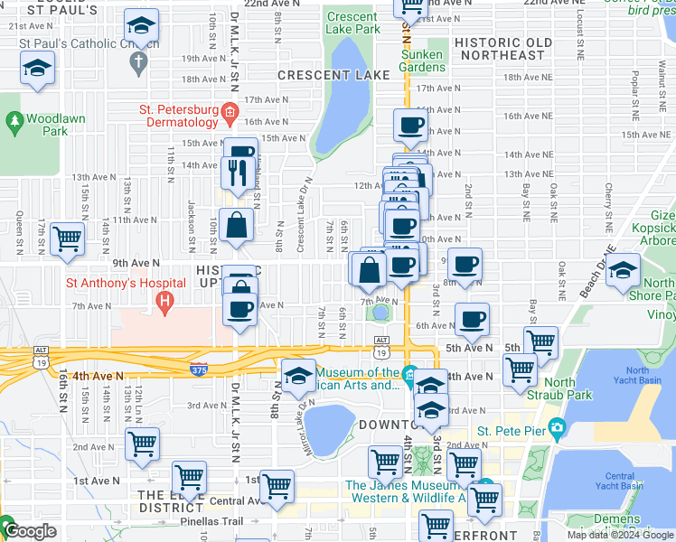 map of restaurants, bars, coffee shops, grocery stores, and more near 715 9th Avenue North in St. Petersburg