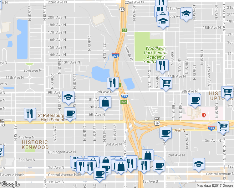 map of restaurants, bars, coffee shops, grocery stores, and more near 2191 9th Avenue North in St. Petersburg