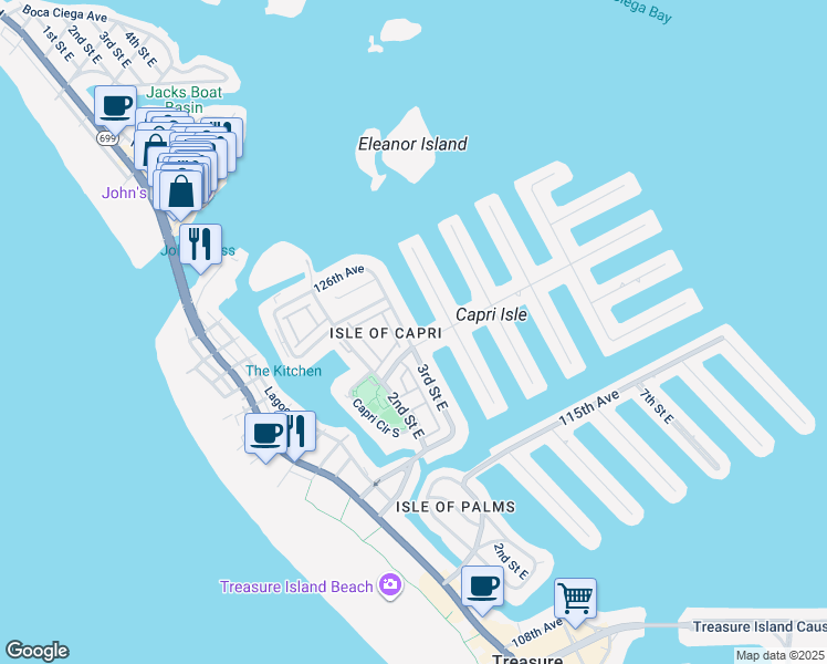 map of restaurants, bars, coffee shops, grocery stores, and more near 12170 4th Street East in Treasure Island