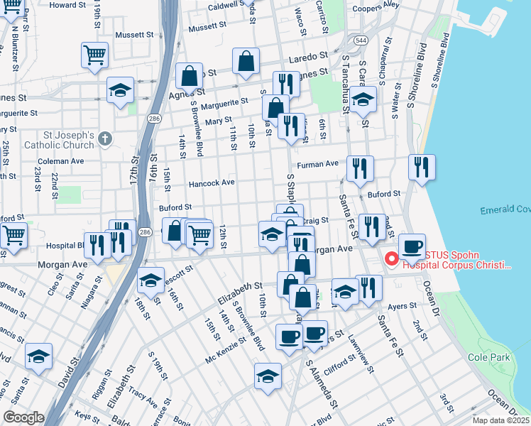 map of restaurants, bars, coffee shops, grocery stores, and more near 1025 10th Street in Corpus Christi