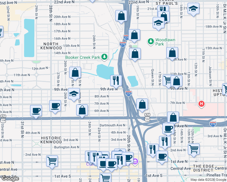 map of restaurants, bars, coffee shops, grocery stores, and more near 2168 9th Avenue North in St. Petersburg
