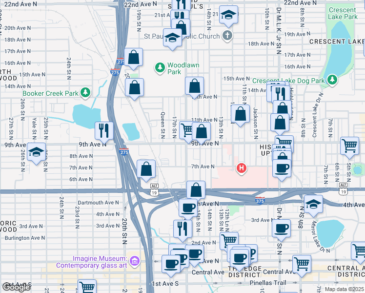 map of restaurants, bars, coffee shops, grocery stores, and more near 901 16th Street North in St. Petersburg