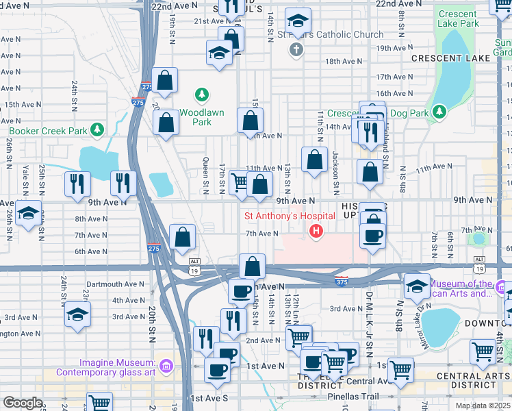 map of restaurants, bars, coffee shops, grocery stores, and more near 901 16th Street North in St. Petersburg