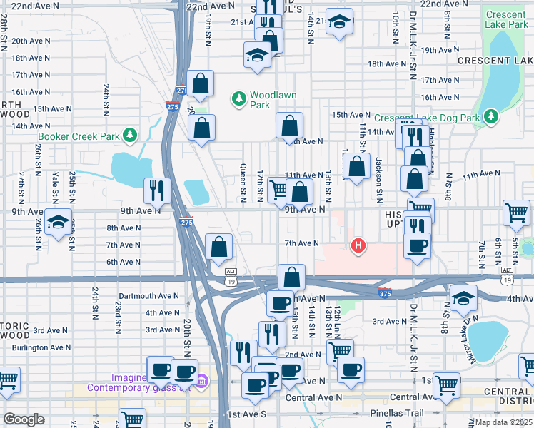 map of restaurants, bars, coffee shops, grocery stores, and more near 916 17th Street North in St. Petersburg