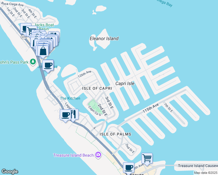 map of restaurants, bars, coffee shops, grocery stores, and more near 12170 4th Street East in Treasure Island